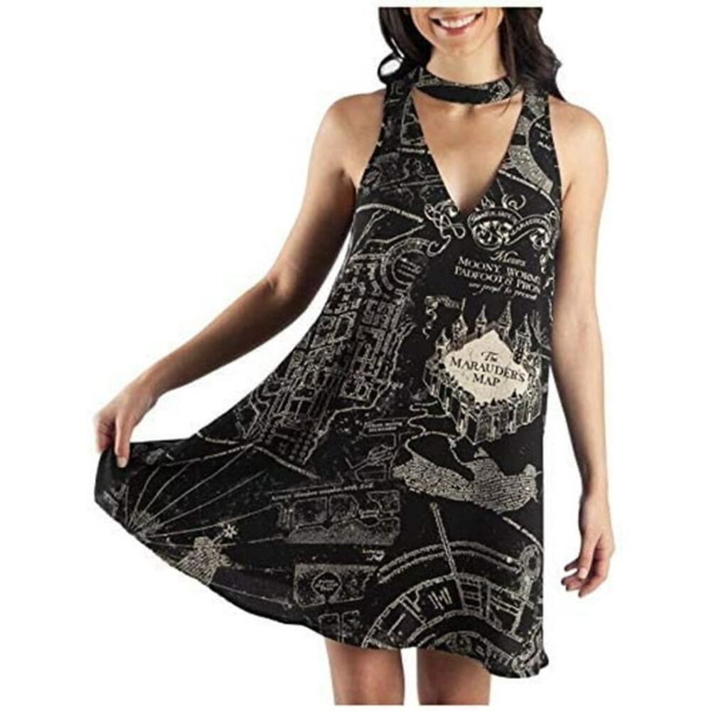 HARRY POTTER Marauders Map Choker V-Neck Dress Black Whimsigoth Junior Sz Large